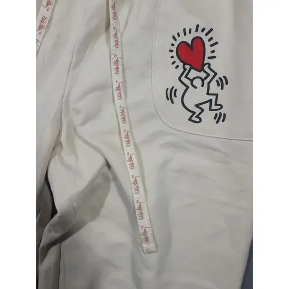 Keith Haring Jogger Lounge Pants Womens Small Cream Graphic Heart Sleepwear - Picture 6 of 9
